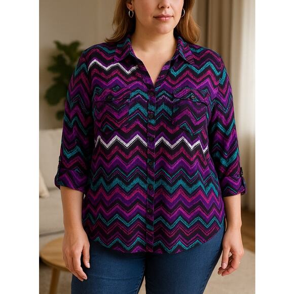 KIM ROGERS Purple, Teal and Pink Print Button-up Blouse - Size 3X or Size 24W - Picture 1 of 14